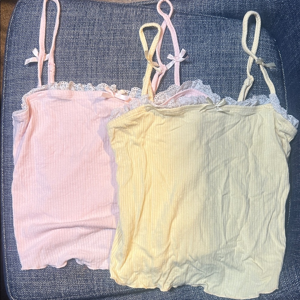 Full Tilt Lace Trim Chemise Set - Pink and Yellow